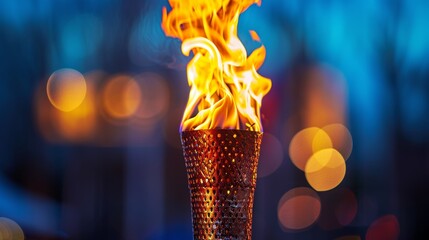 Flame burning on a torch at dusk. Olympic flame concept. Sports and achievements theme for design and banner