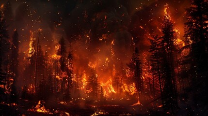 Intense Flames Engulfing Ancient Trees in a Wild Forest Fire - Ultra HD, High-Resolution Emergency Response Photography. - obrazy, fototapety, plakaty
