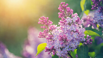 Lilac bunch, light purple flowers on a green leafy branch. Spring season. Bokeh and sun glow. Blurred natural backdrop.
