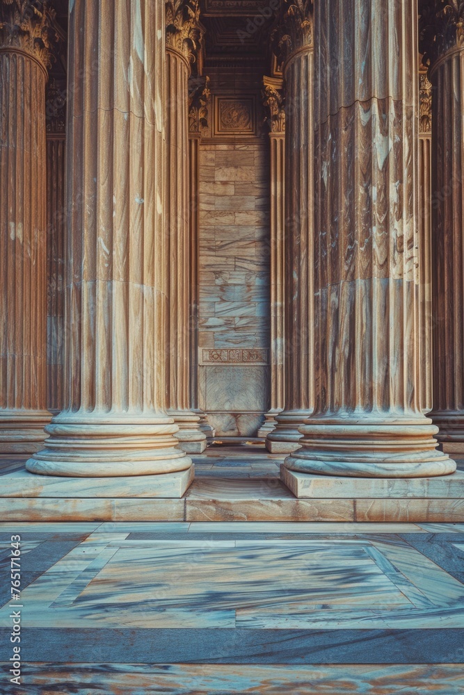 Poster Architectural detail of marble columns on building exterior. Ideal for construction and architecture concepts
