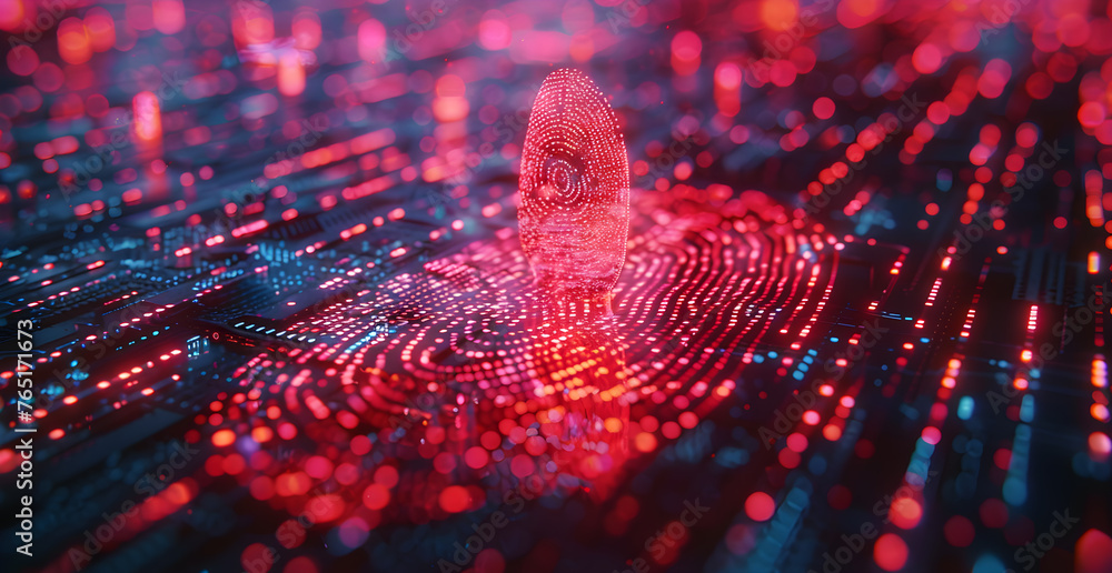 Poster technology security system background, fingerprint to scan hologram biometric identity