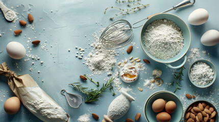 A cascade of flour in the center, with eggs, almonds, and baking utensils arranged on a kitchen table. - obrazy, fototapety, plakaty