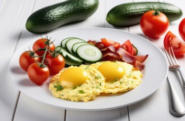 scrambled eggs with bacon and fresh cucumbers and tomatoes in slices lie on white plate white wooden table