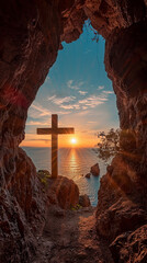 vista do pôr do sol de uma cruz de madeira de uma caverna - obrazy, fototapety, plakaty