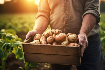 A farmer carries a box of fresh potatoes across a field. close-up. agriculture concept