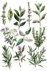 Assorted herbs on a plain white backdrop, ideal for culinary or botanical concepts