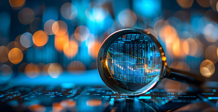 magnifying glass on a blue background with data charts and graphs, business data analysis