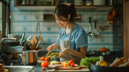 Young woman seasoning salad in kitchen with natural light. Homestyle cooking concept suitable for cookbook covers and food blogs - obrazy, fototapety, plakaty