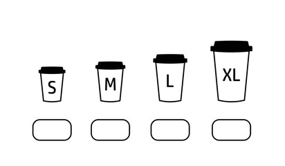 black outline coffee cup icons of small, large, medium and extra large size, vector flat paper cup for drink, take, takeaway, takeout, cafe menu illustration