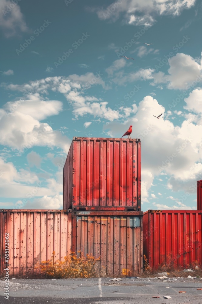 Poster two red containers stacked on top of each other. suitable for industrial, storage, or transportation