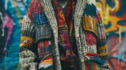 Textured knit sweaters and colorful scarf details with graffiti background. Urban street style and winter fashion concept