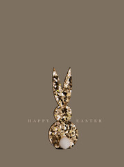 Gold glitter bunny, with "happy easter" lettering, beige background