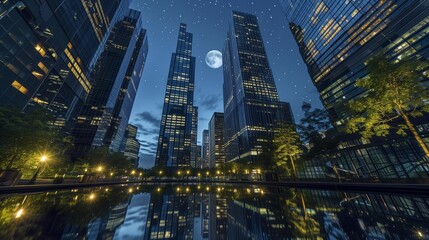 Fototapeta na wymiar Nocturnal Elegance: Illuminated Skyscrapers Reflecting the Moonlight - Imagine the tranquility of the night pierced by the soft glow of the moon and the twinkling stars