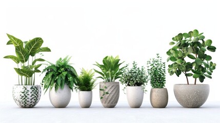 A row of potted plants on a clean white surface. Perfect for home decor or gardening themes