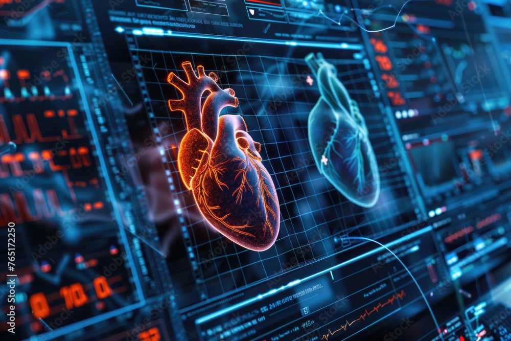 Poster close up of a heart displayed on a computer screen. suitable for medical, technology, and social med