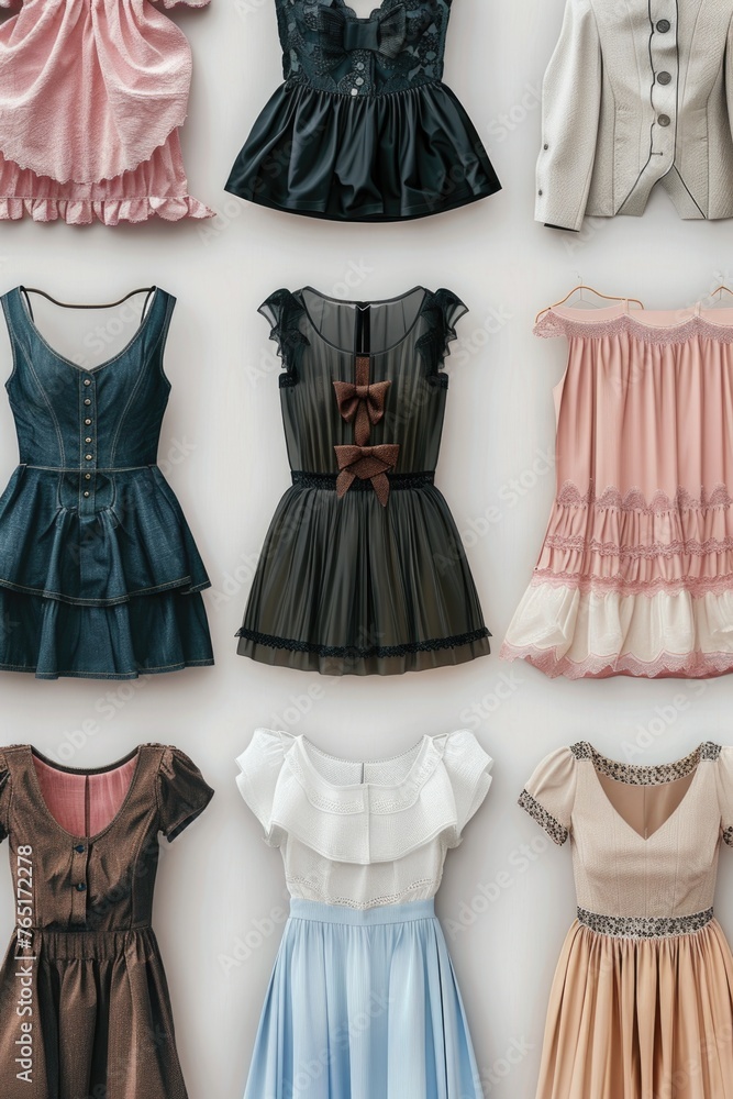 Poster A variety of dresses displayed on a white backdrop. Ideal for fashion design concepts