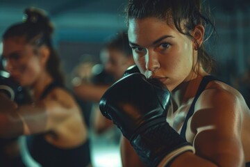 Woman wearing boxing gloves in a fitness center. Suitable for sports and fitness concepts