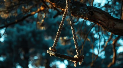 A wooden swing hanging from a tree branch. Ideal for outdoor and nature-themed designs - obrazy, fototapety, plakaty