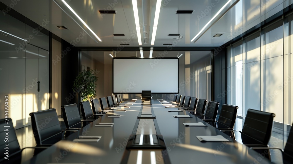 Poster a conference room setup with projector screen and chairs. ideal for business presentations