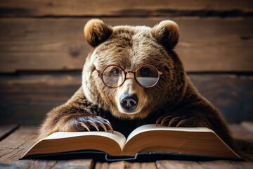 Bear with glasses with open book. Plush toy bear learning from knowledge storybook. Generate ai