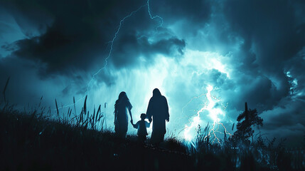 tempestade ao fundo, Jesus iluminado protege a família
