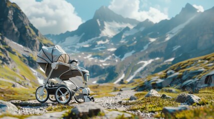 A stroller sitting on top of a rocky hill. Ideal for outdoor adventure concept