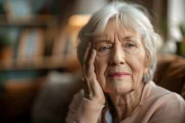 old woman have toothache at home