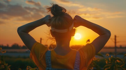 A peaceful image of a woman standing in a field at sunset. Perfect for nature or relaxation concepts