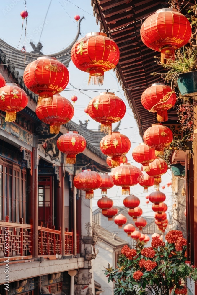 Poster red lanterns hanging from the side of a building. suitable for festive decorations