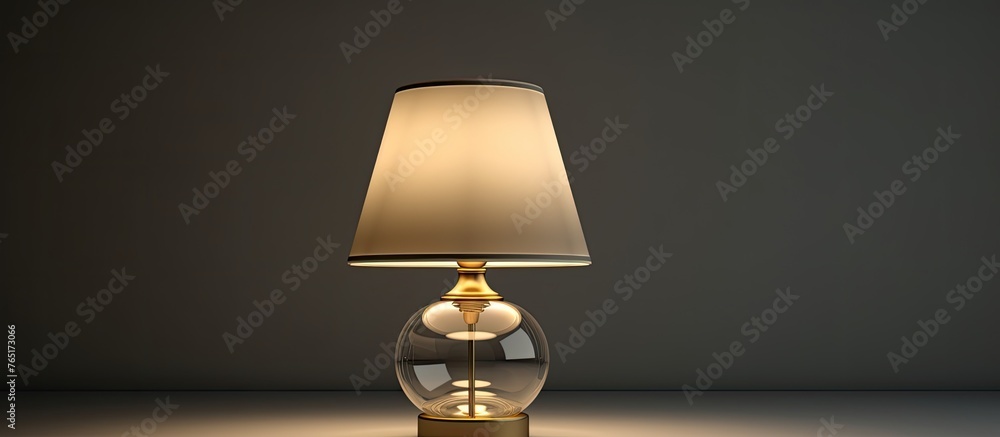 Poster an image showing a close-up of a lamp with a white shade placed on a table