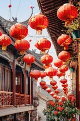 Red lanterns hanging from the side of a building. Suitable for festive decorations
