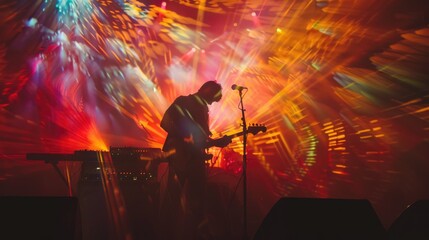 A man standing with a guitar on a stage. Suitable for music events promotion