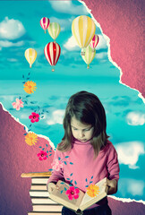 Knowledge concept. Calming book. Small child - little girl and blue sky