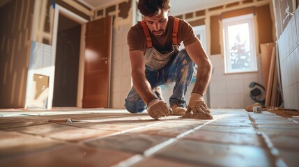 A man kneeling on the floor working on a tile. Perfect for construction and renovation projects - obrazy, fototapety, plakaty