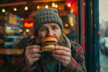 Satisfied Bearded man eating yummy burger in cafe. Sit at pub bar handsome guy. Generate Ai