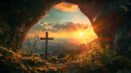 vista do pôr do sol de uma cruz de madeira de uma caverna