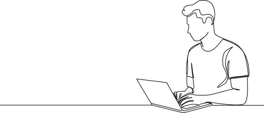 recommend clip art: continuous single line drawing of young man using laptop computer, line art vector illustration