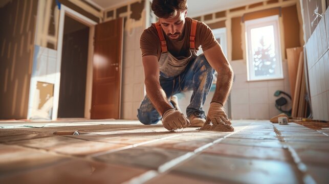 A man kneeling on the floor working on a tile. Perfect for construction and renovation projects