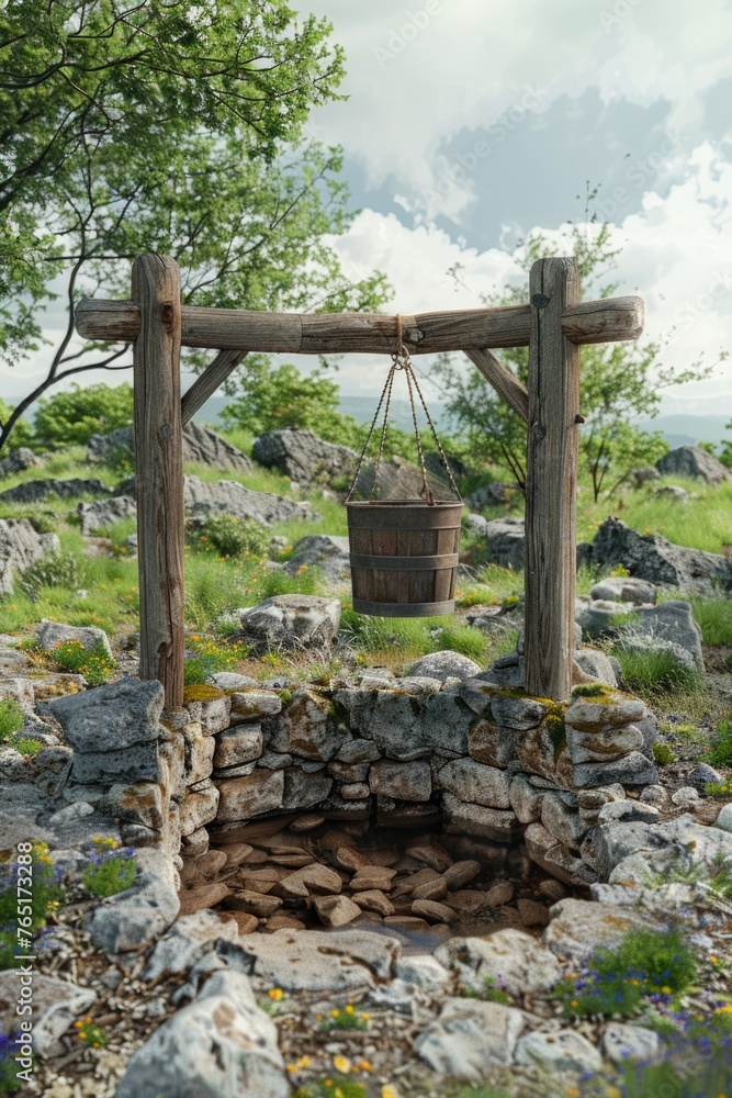 Poster a traditional well with a bucket hanging over it. suitable for various design projects