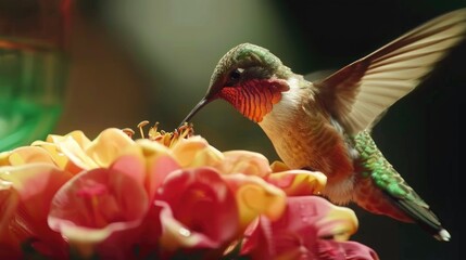 Naklejka premium A hummingbird feeding on a colorful flower. Ideal for nature and wildlife concepts