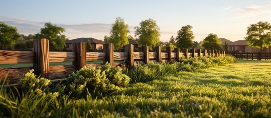 garden fence with green grass at sunrise
