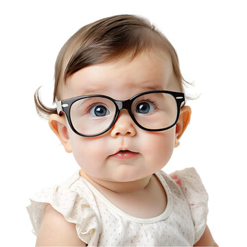 Cute baby girl in glasses looking at camera, isolated on transparent background