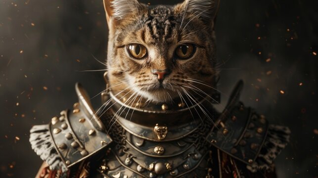 A cat dressed in armor posing for a picture. Suitable for pet and fantasy themed designs