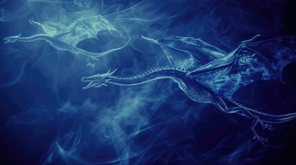 A majestic dragon soaring through a sky filled with blue smoke. Suitable for fantasy and mythical themes - obrazy, fototapety, plakaty