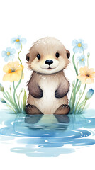 most cute handly drawn boho sea otter illustration sorrounded by water lilies сreated with Generative Ai
