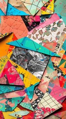 Retro Chic Paper Collage Art with Vibrant Patterns and Textures - Ultra HD, High-Resolution Modern Art Wallpaper. Tags: