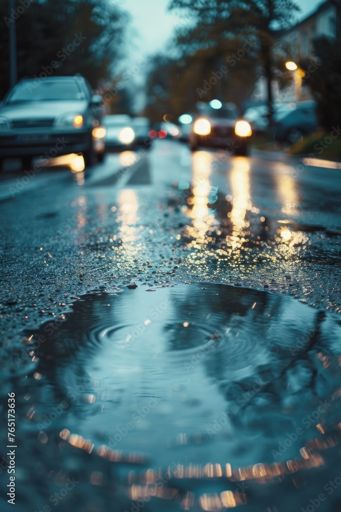 Poster a simple image of a puddle of water on a city street. suitable for urban and weather-related concept