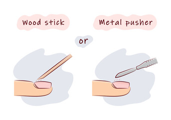 the best way to push back the cuticle wood orange stick or metal cuticle pusher vector illustration - obrazy, fototapety, plakaty