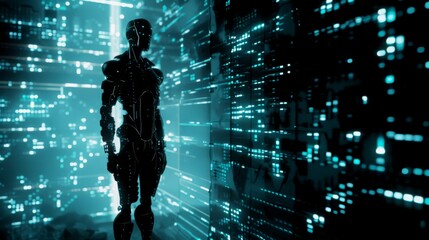In a futuristic scene, a glowing blue female cyborg AI is depicted standing in front of a binary code wall, representing the future of technology, artificial intelligence, and digital life.