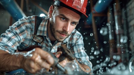 A man in a hard hat working on a pipe. Suitable for construction industry concepts